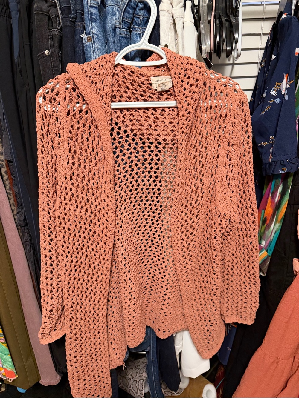 Open Weave Hooded Cardigan - Dusty Coral